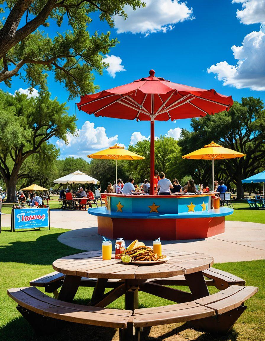 A vibrant table set for a family picnic in a sunny Texas park, featuring mouthwatering casual dishes like BBQ ribs, Tex-Mex tacos, and sweet tea. In the background, families enjoying outdoor games and a colorful carousel, with blue skies and fluffy clouds. The scene captures the essence of summer fun in Texas. super-realistic. vibrant colors. 3D.